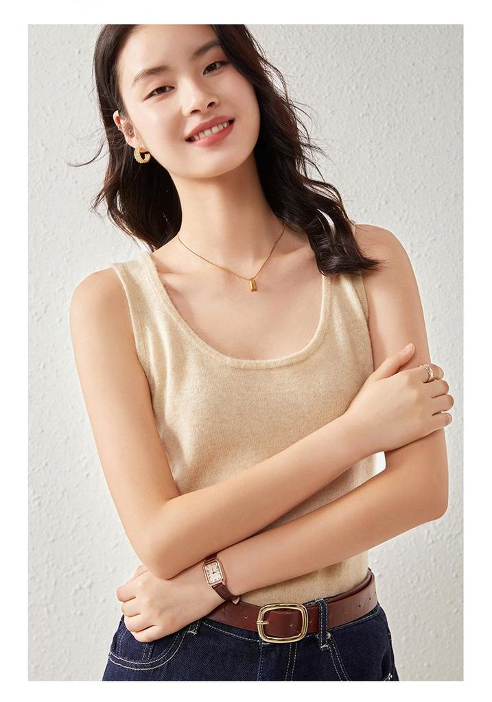 Women's Cashmere U-Neck Round Neck Knit Camisole - Solid Color, Warm, Twelve-Gauge