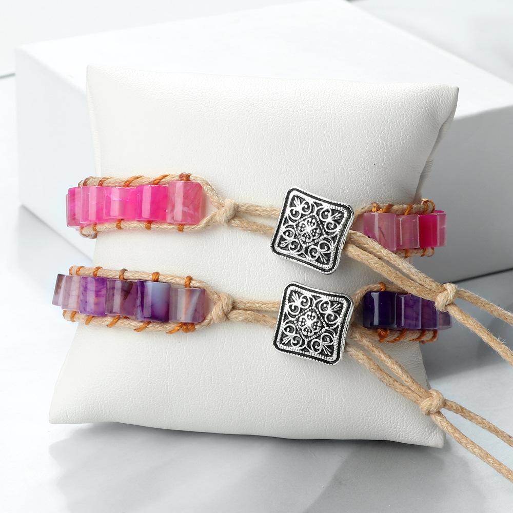 Vintage Bohemian Handmade Hemp Rope Bracelet Imperial Stone Beaded 3D Bead Charm Bangle