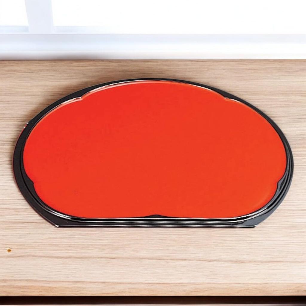 Tray with Red Rim and Black Satin Lacquerware Made In Japan J-kitchens 1-shaku (33cm) Plum-Shaped Half-Moon Double-Sided (Tray/Tray) Finish, (ABS