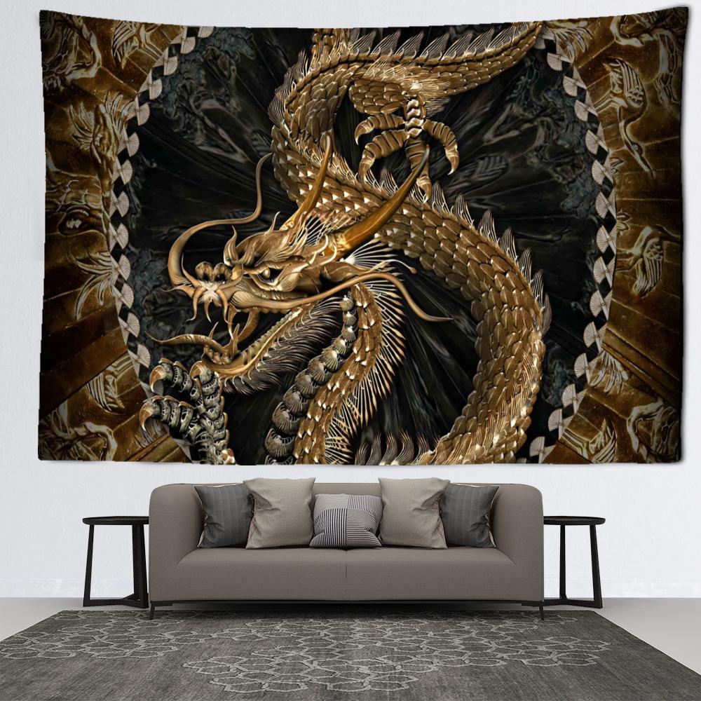 

Темно-золотой дракон с узором гобелена на стене, абстрактное загадочное древнее искусство, гостиная, спальня, домашний декор 95x70CM