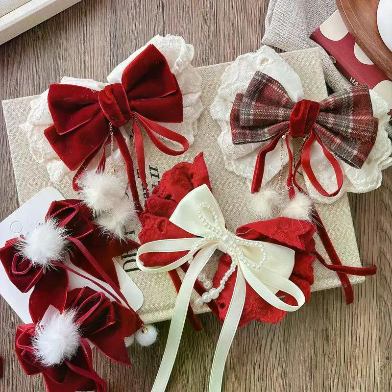 New Lace Bowknot Hair Clips For Girls Sweet Versatile Stylish New Year Ponytail Hairpin Red Velvet Korean Kids Princess Headwear