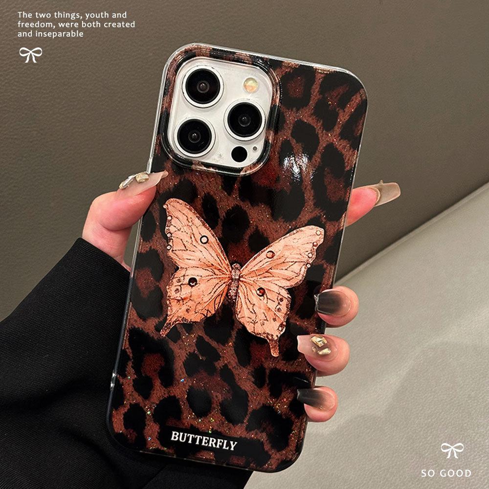 Retro Flash Butterfly Epoxy Glitter Suitable for Apple 17promax Mobile Phone Case Leopard Print iPhone16 Protective Case 15