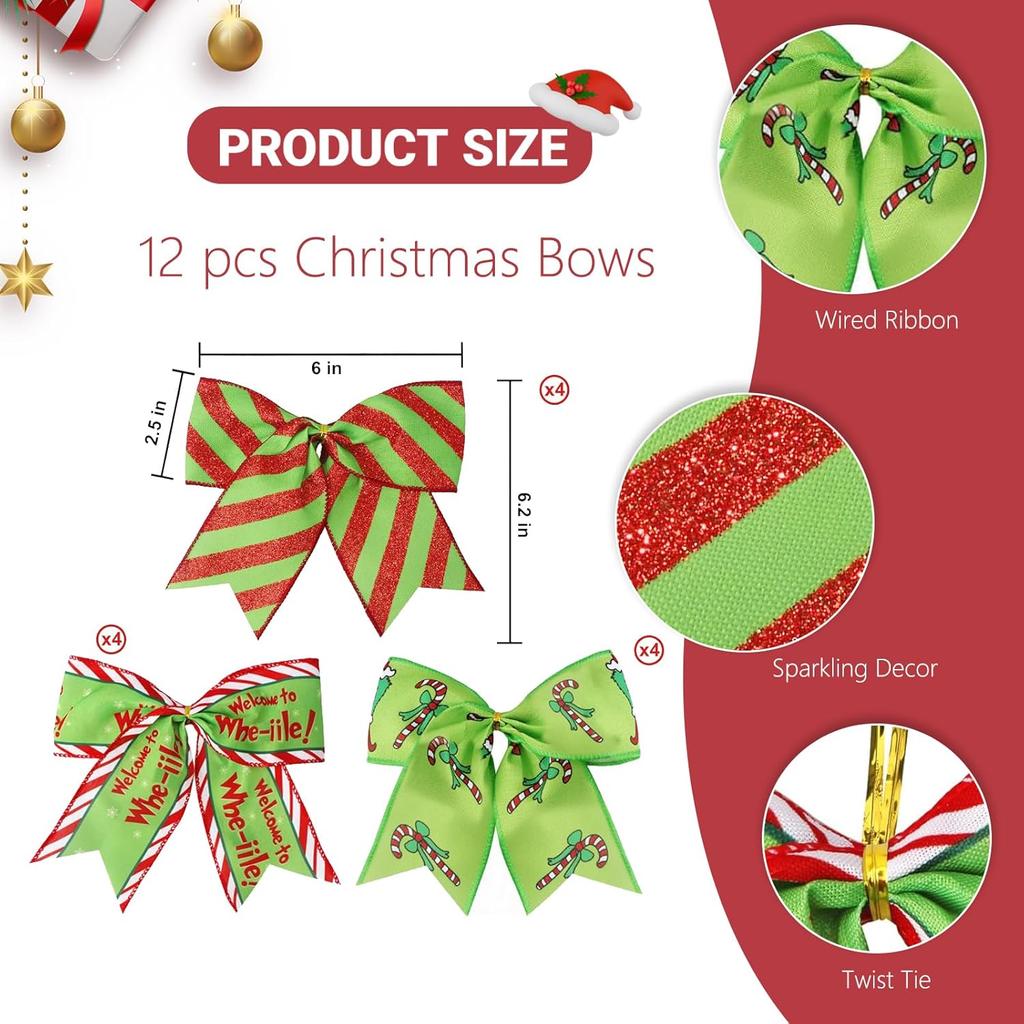 12 PCS Red Green Christmas Bows, 6' Wreath Bows for Tree & Home Decor