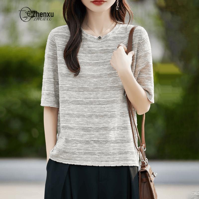 Zhenxu Cloud Tencel Linen Blend Hollow-out Knit T-Shirt L