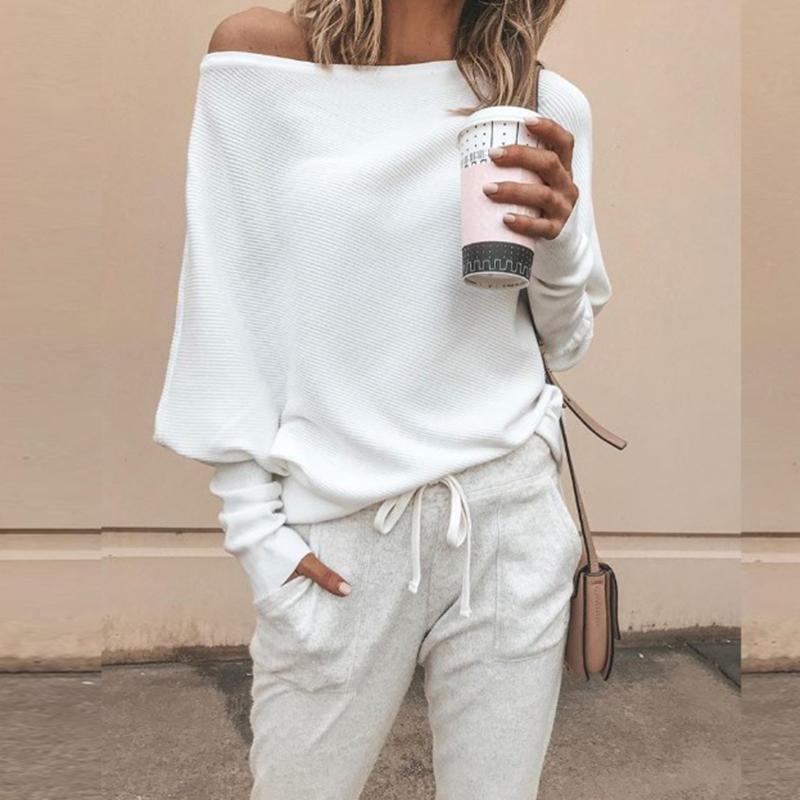 

S-5XL Свободная женская футболка с открытыми плечами и принтом, повседневная футболка больших размеров с длинными рукавами, женский сексуальный свитер с одним вырезом и рукавами реглан XXXL белый