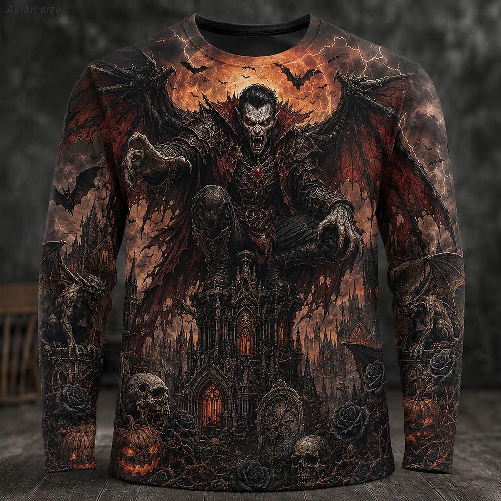 Autumn and Winter Men's Skull 3D Printed Crew Neck Long Sleeve T-Shirt