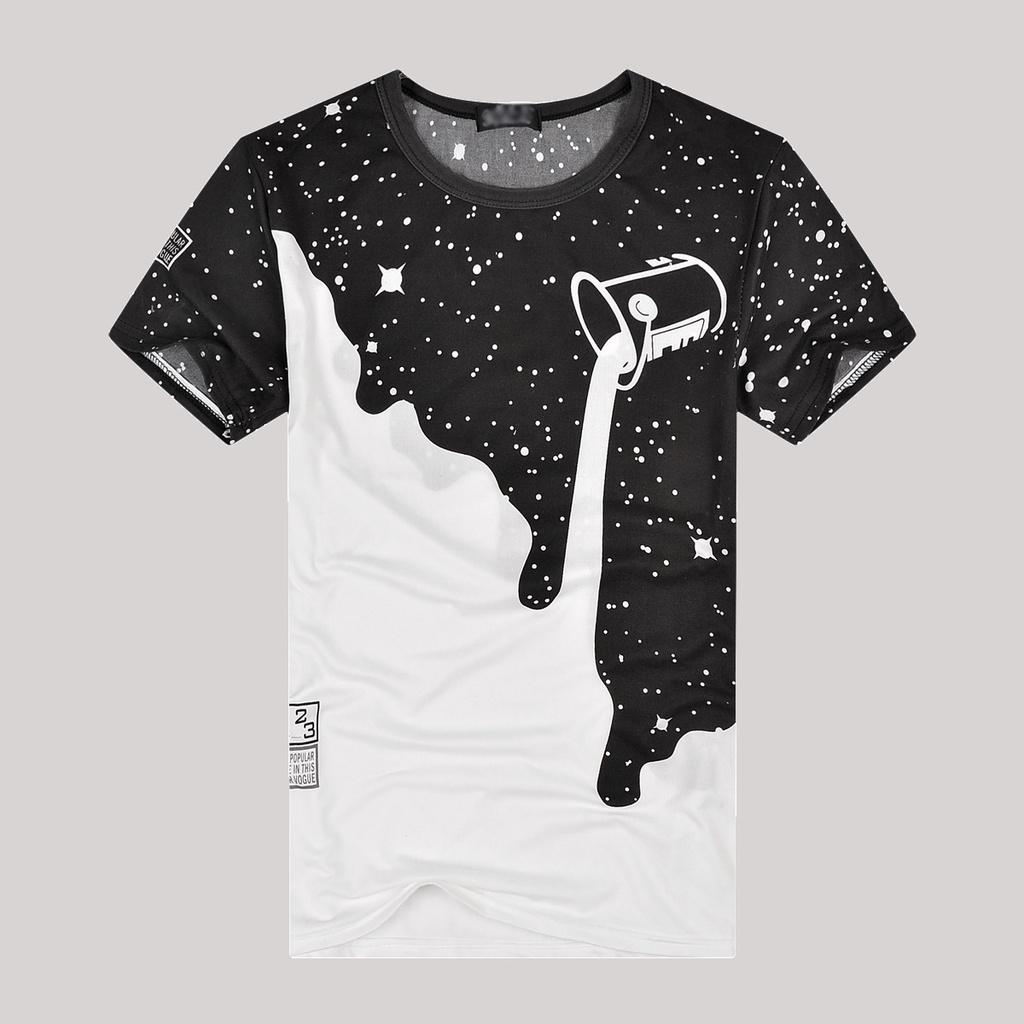 Trendy Mens Fashion Milk Poured Pattern Printed Short Sleeve Round Neck T-shirt