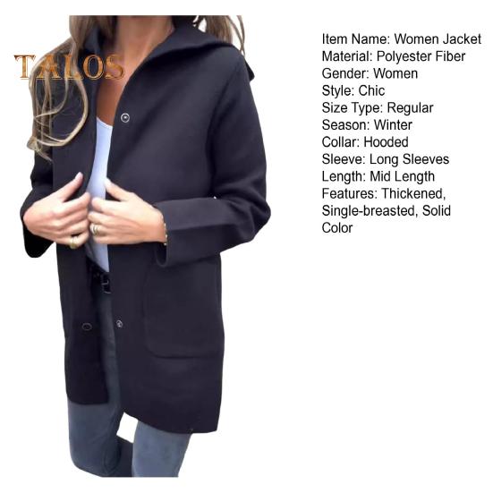 Women Woolen Jacket Hooded Solid Color Single-breasted Coat Mid Length Thermal Long Sleeved Commuting Dating Spring Fall Winter Overcoat
