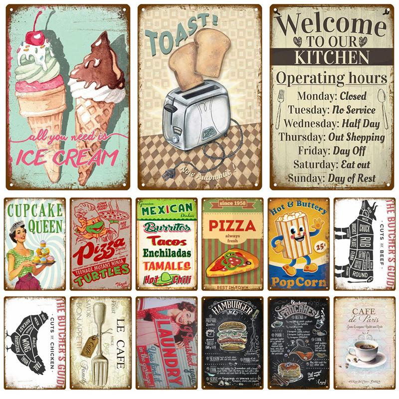 Metallschild Wohnkultur Fast Food Vintage Blechschild Plakette Metall Retro Teller Hot Dog Poster Wanddekor für Küche Café Diner Bar