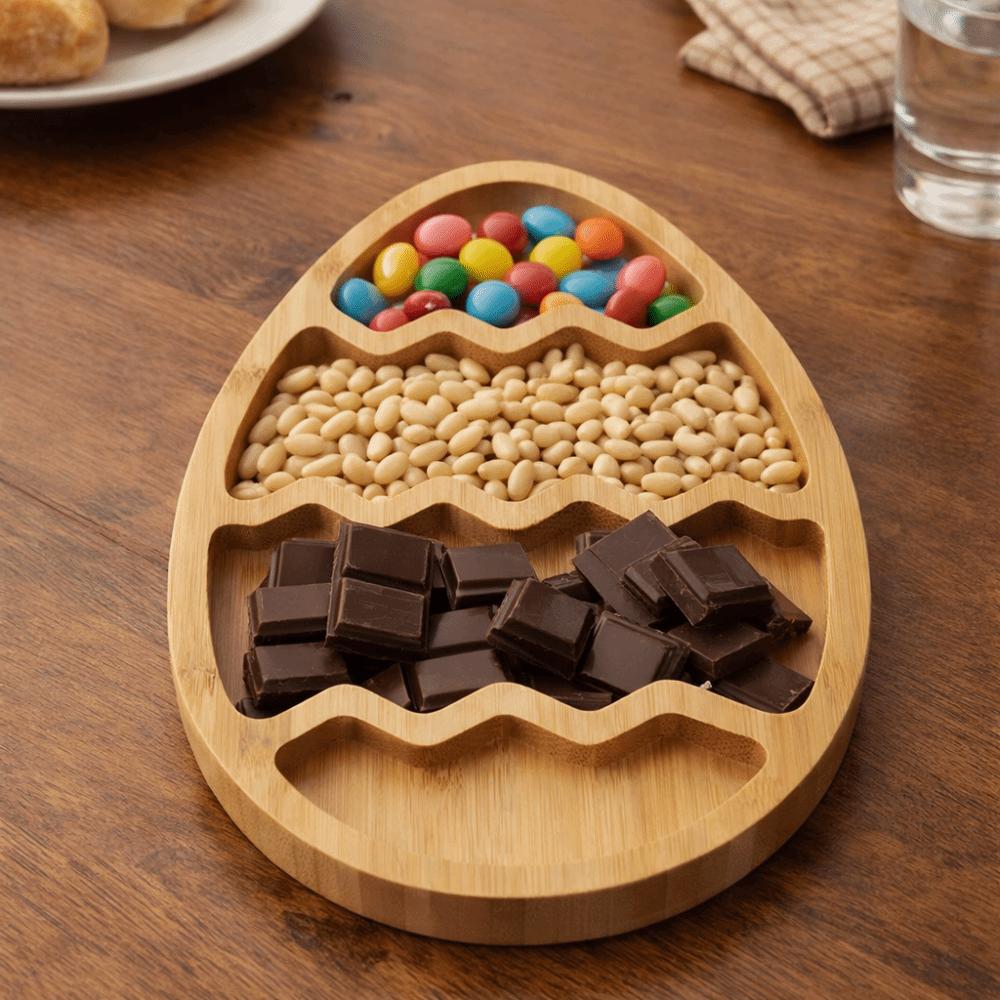 Wooden Easter Egg Shape Tray Cartoon with Compartments Food Display Plate Durable Decorative Bunny Snack Serving Tray Jewelry