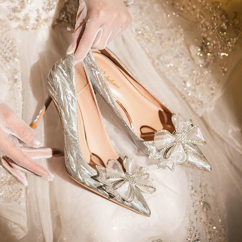 Fashion High Heels Women Silver Chunky Glass Slipper Wedding Shoes Two Wear Gold Mid-Heel Bridesmaid Shoes