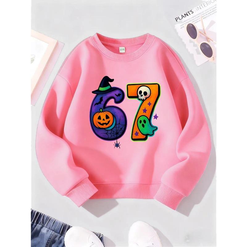 Kids Halloween Pumpkin Ghost Skull 67 Print Sweatshirt Unisex Boys Girls Witch Hat Crewneck Long Sleeve Pullover Black Casual Children Sweat Top