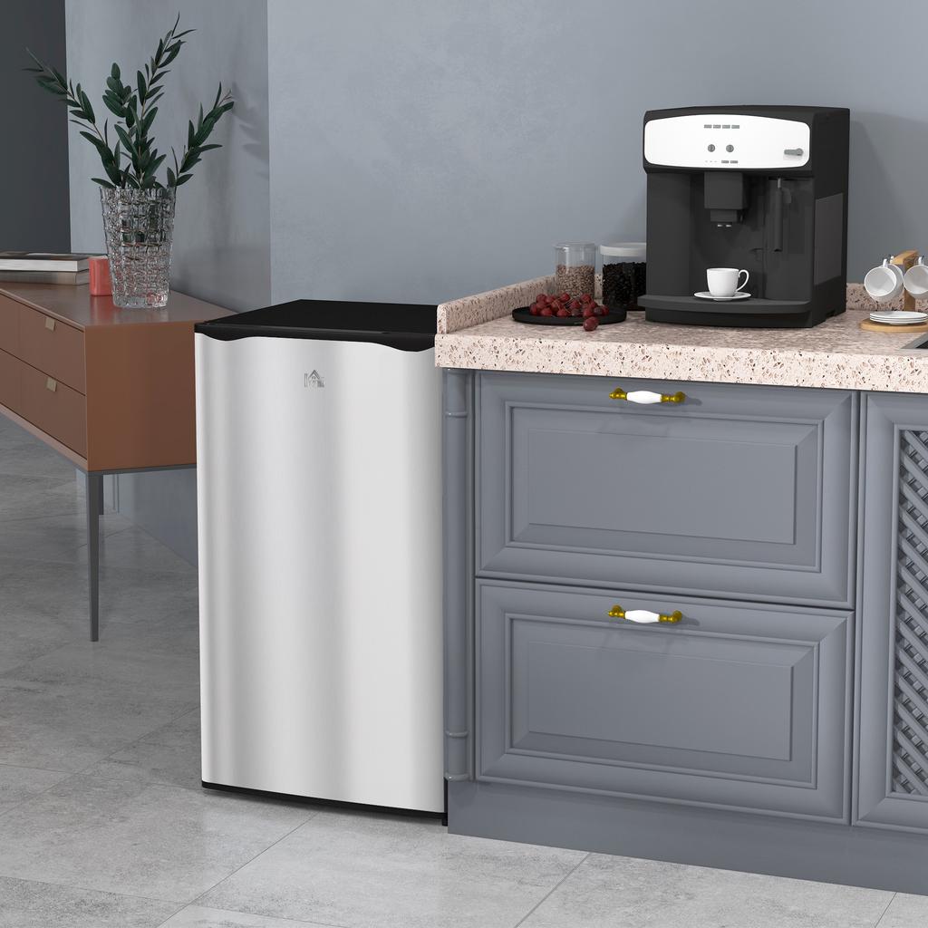 Under Counter Fridge, 91L Small Fridge with Chiller Box, Removable Shelf, Reversible Door, Adjustable Legs, Mini Refrigerator, Silver Tone