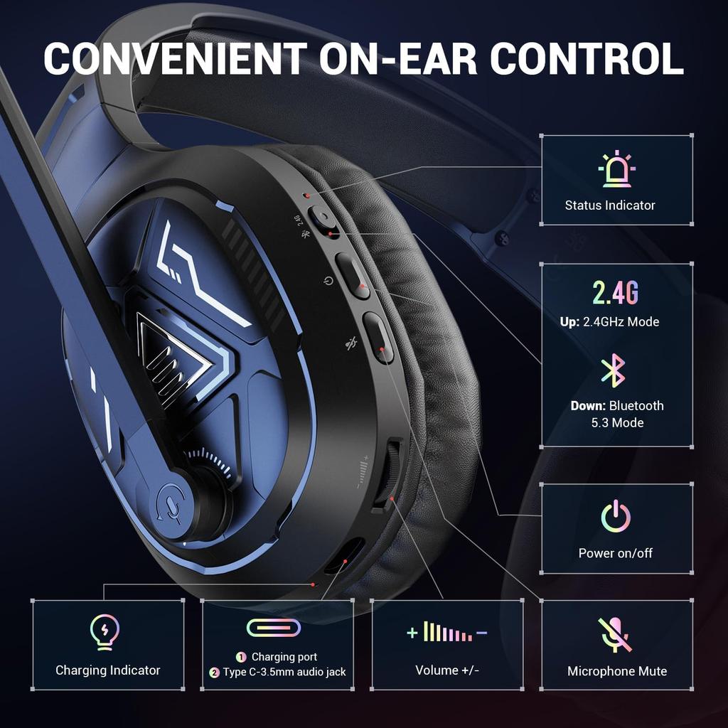 EKSA 2.4GHz Wireless Gaming Headset with Noise Canceling Microphone for PS5, PC, PS4 Bluetooth Gaming Headphones with USB & Type-C Connector, 52Hrs
