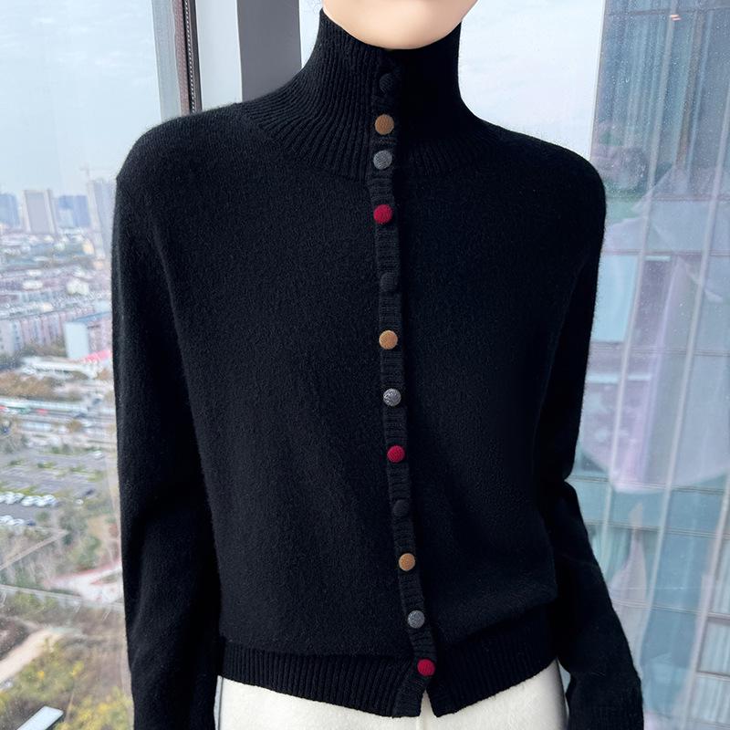 

Женский свитер с высоким воротником из 100% чистой шерсти, кардиган на пуговицах, свободного кроя, мода осень/зима. XL