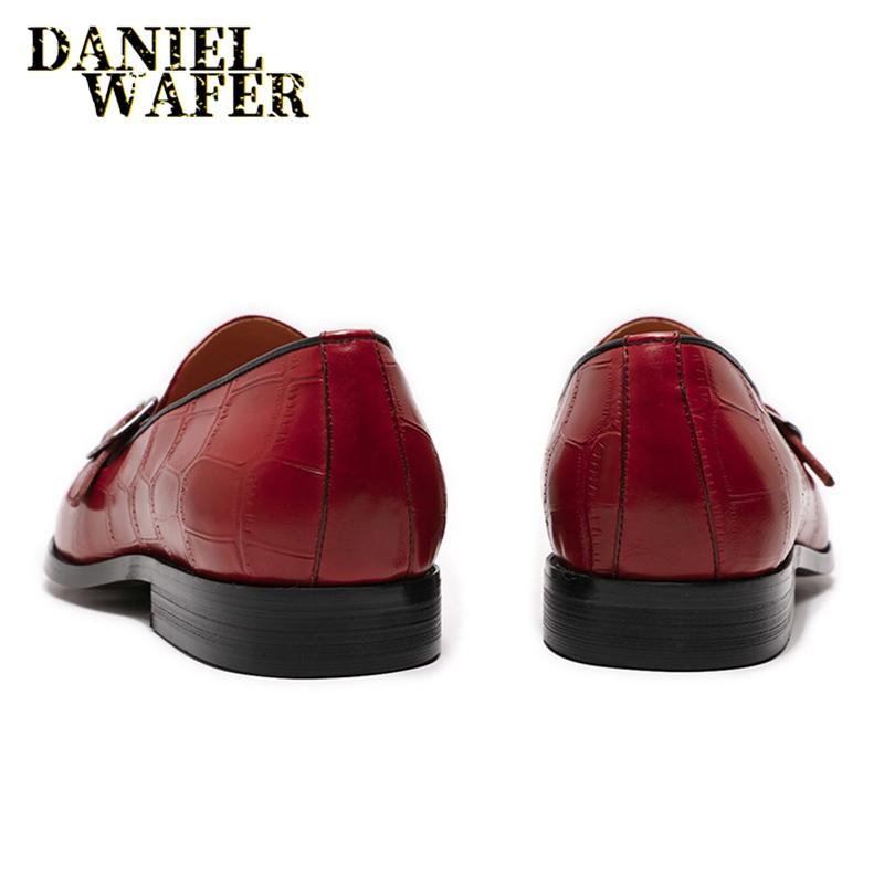 Fashion Luxury Men's Loafers Fashion Casual Men Dress Shoes Handmade Stone Print Buckle Strap Slip On Black Red Genuine Leather Shoes