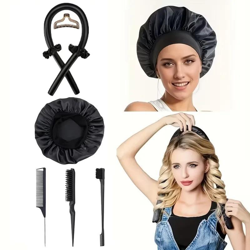 3/5/8pcs No-Heat Curling Iron Set with Satin Sleep Cap Hair Clips Comb Hair Tie Women's Heatless Overnight Styling Tools