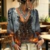 Women's Halloween Print Tie Front Ruffle V-Neck Blouse with