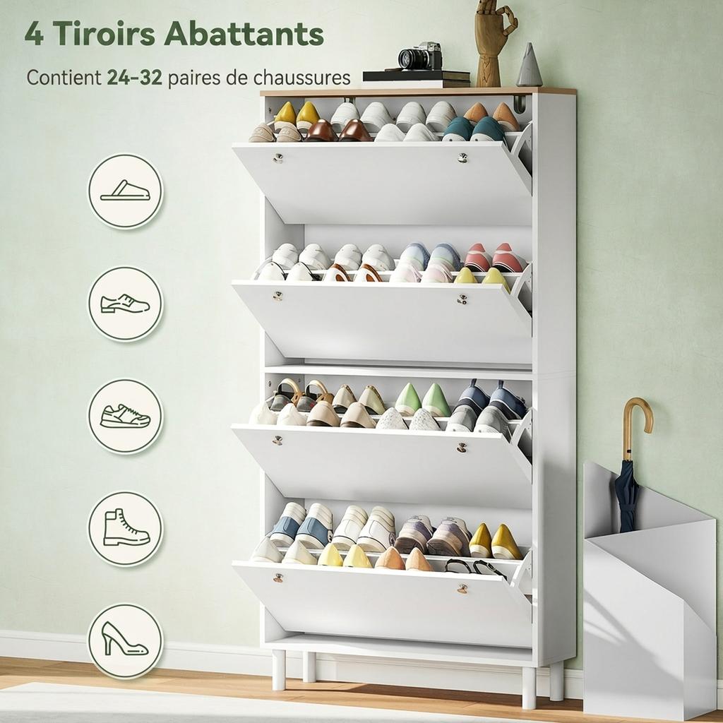 Shoe Cabinet 32 Pairs With 4 Flip Drawers Adjustable Shelves Modern 80 X 23.5 X 157 Cm White
