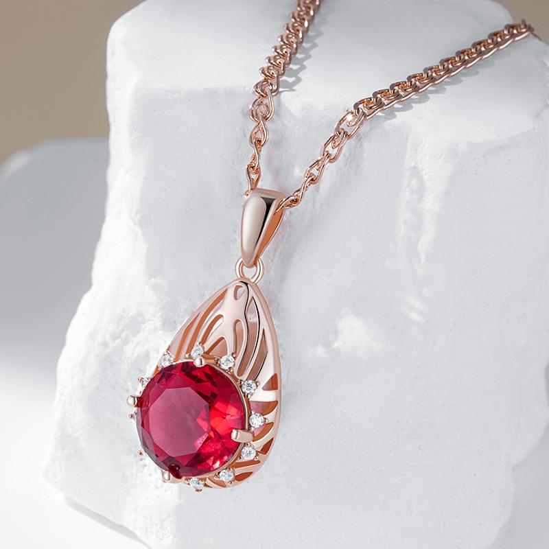 Shiny Red Natural Zircon Pendant Necklace Women Fashion  Rose Gold Color Party Accessories Daily Fine Vintage Jewelry