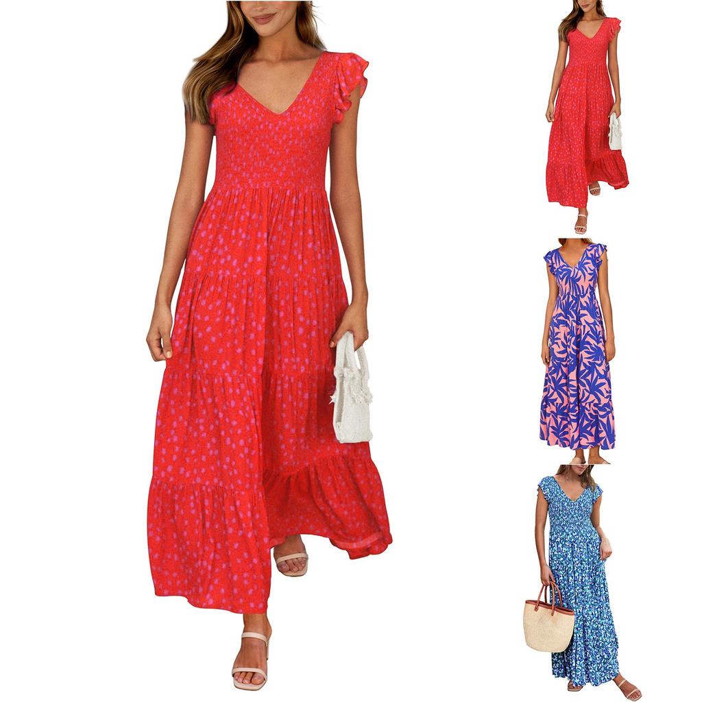 V-neck Backless Pleated Fly Sleeve Printed Dress