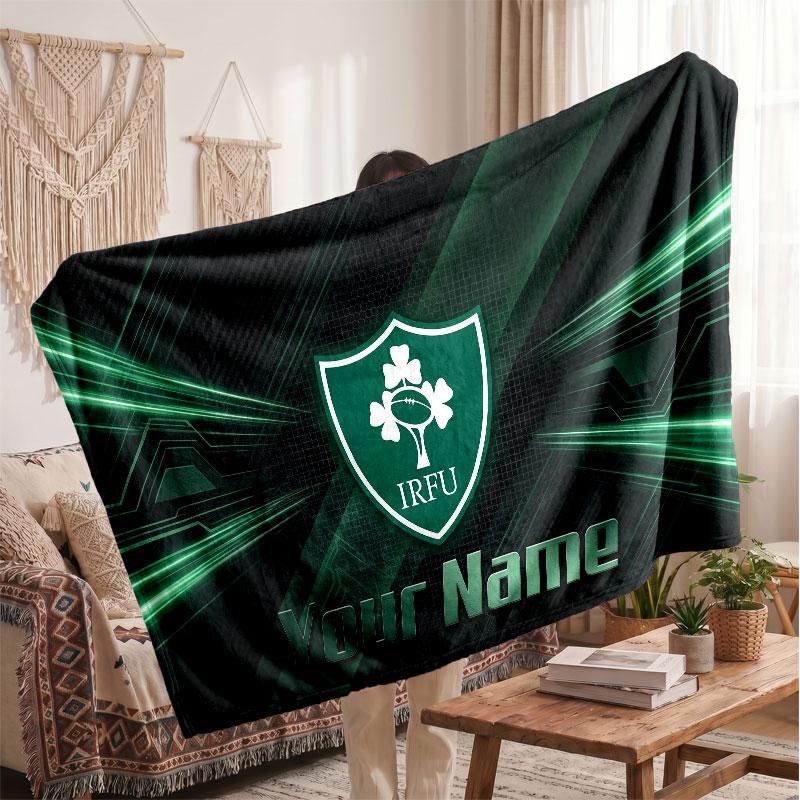 Ireland Rugby Flannel Blanket, Custom Name Text Personalized Soft Throw Blanket Home Decor Gift