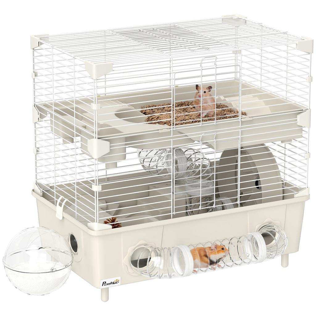 2 -Tier Hamster Cage with 3 Doors, Wheels, Bedding and Play Tubes, Steel, PS and PP Pet Cage, 44.5x28x44 cm, Cream and White