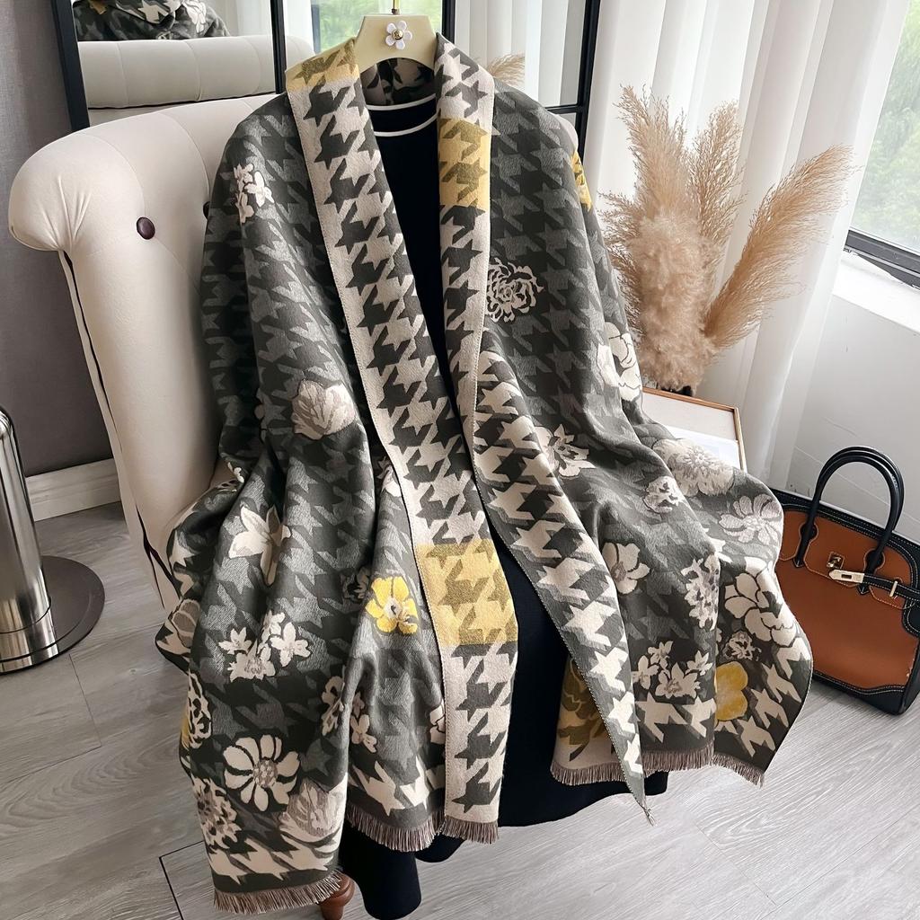 Thousands Of Bird Grids, Plants, Flowers, Camellias, Fashionable And Versatile, Confident And Elegant Imitation Cashmere Thermal Scarf