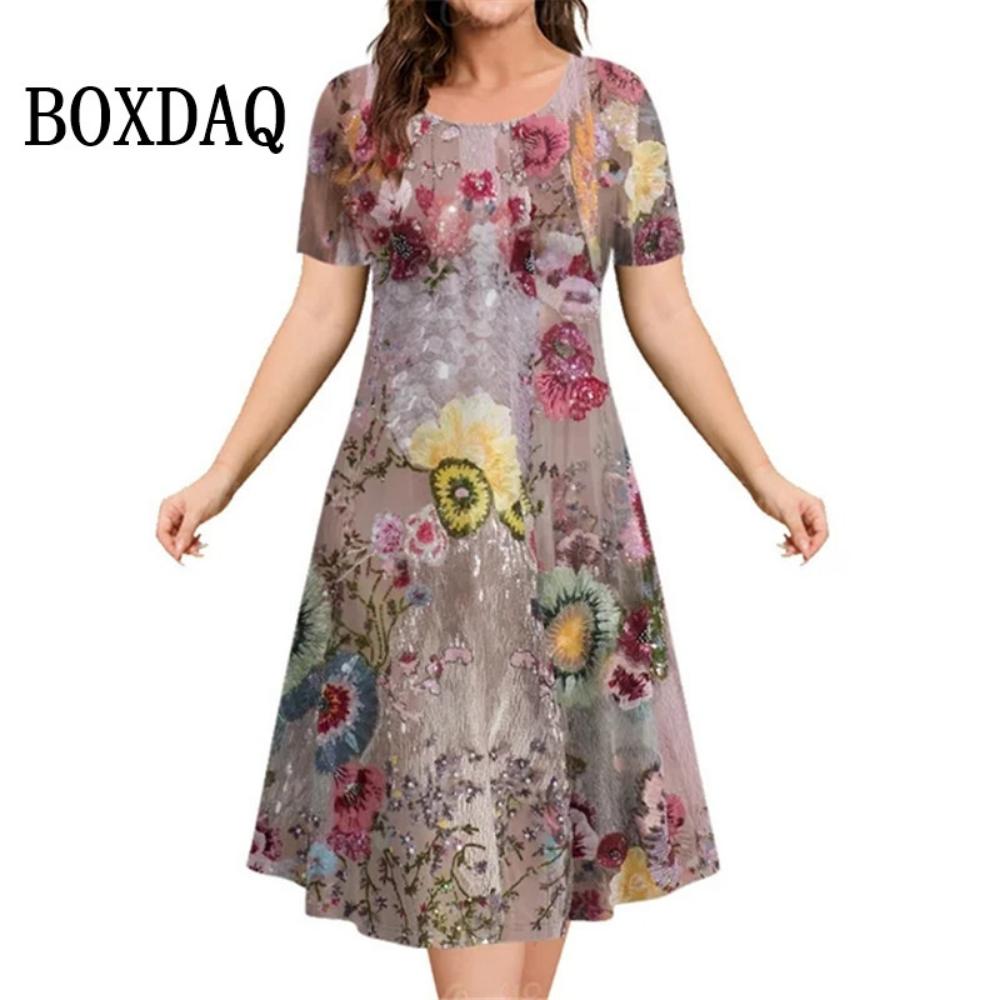 3d Plant Flower Print Women's Dress 2026 Summer Short-sleeved Clothing Casual Loose Retro Dress