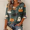 Women's Halloween Printed Three-Quarter Sleeve Blouse with Tie Neck and Ruffled Hem