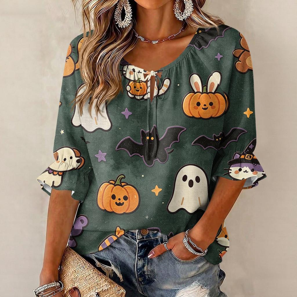 Women's Halloween Printed Three-Quarter Sleeve Blouse with Tie Neck and Ruffled Hem