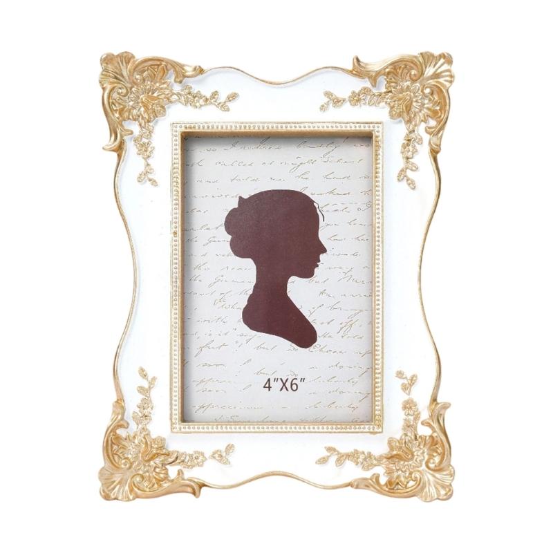 

Antique Carved Resin Picture Frame With Hanging Hook And Stand Golden Flowers Trim Photo Frame For Wall Or Tabletop Decors белый