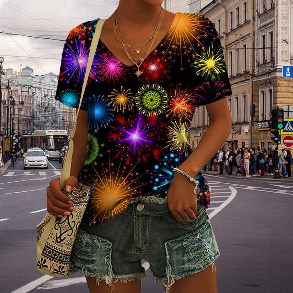 Bluză casual cu decolteu în V, cu mânecă scurtă, cu imprimeu stea de aur, tricou largi