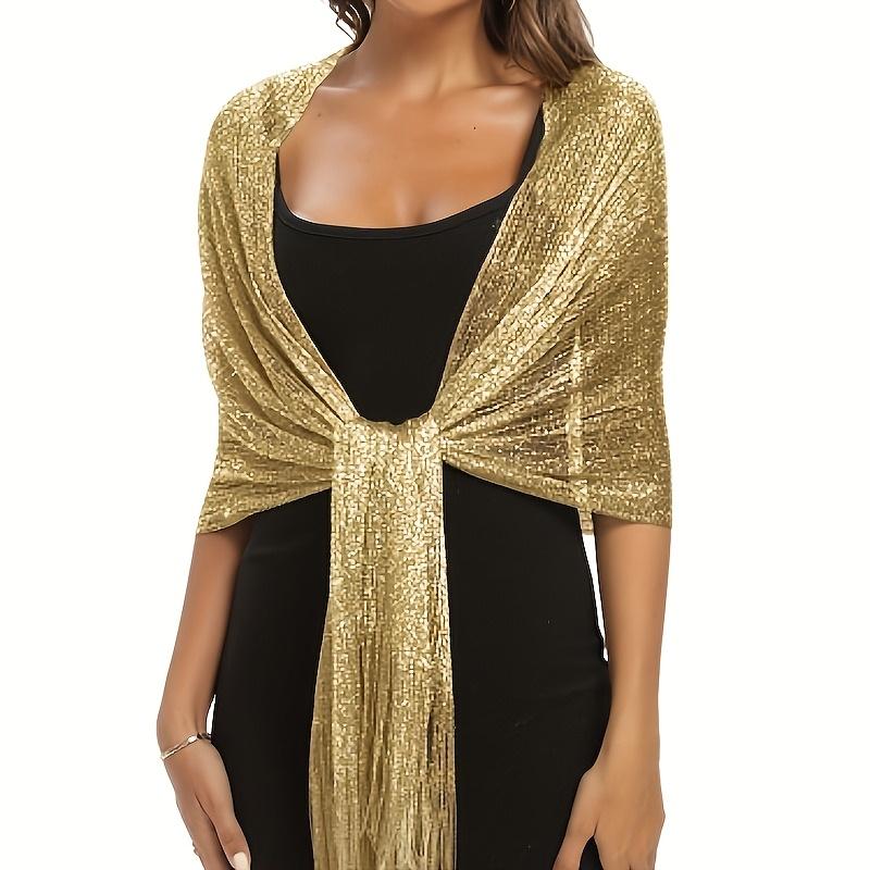 1PC Elegant Gold and Silver Silk Shawl, Seaside, Beach Play, Tablet Towel, Fringed Scarf, Dinner Party, Dance Party, Wedding, Clothing Accessories