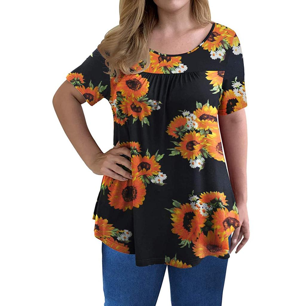 Fashion Women Plus Size Round Neck Print Short Sleeve Casual Pullover Tops