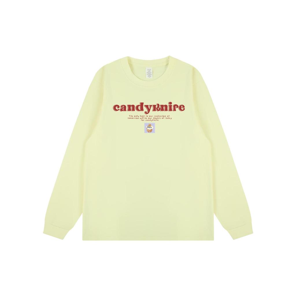 Trendy Retro Hong Kong Style Letter Print Unisex Loose Cuffed Sleeve Cotton Long Sleeve Tee