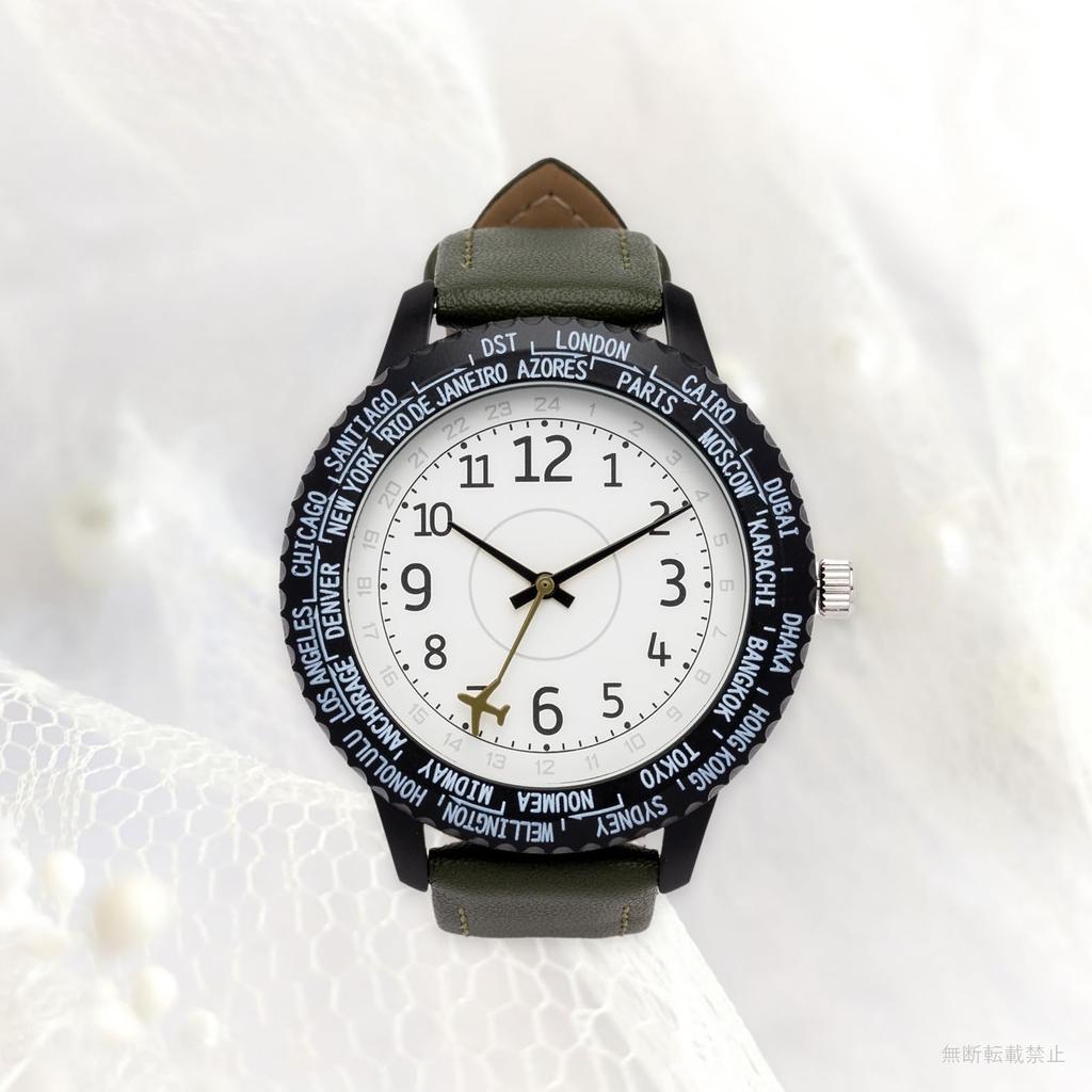 Fieldwork Analog Watch with Leather Rotating World Waldo Women's Strap, Bezel, Time, Khaki, YM125-3