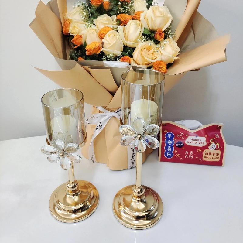 European Crystal Flower Metal Candle Holder, Vintage Romantic Candlelight Decor Stand