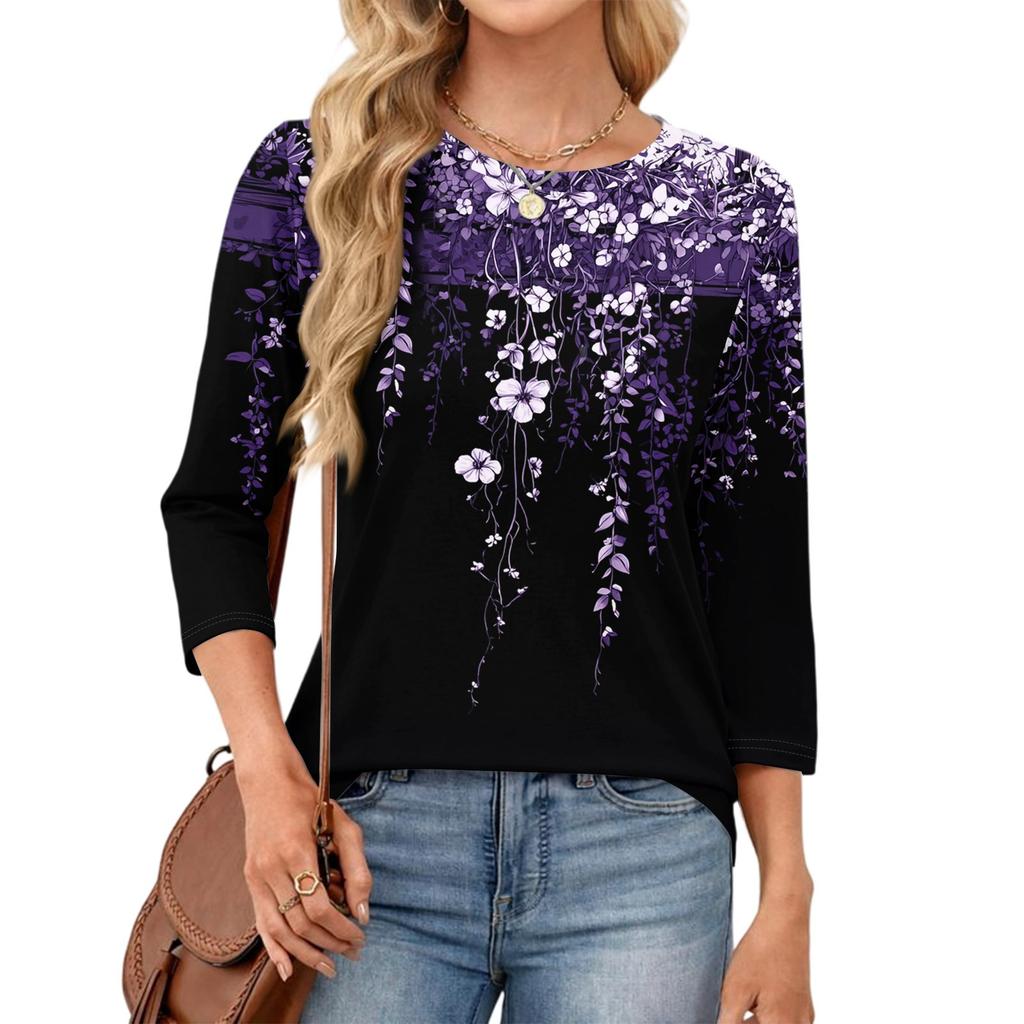 343/4 Sleeve Shirts For Women Cute Print Graphic Tees Blouses Casual Plus Size Basic Tops Pullover