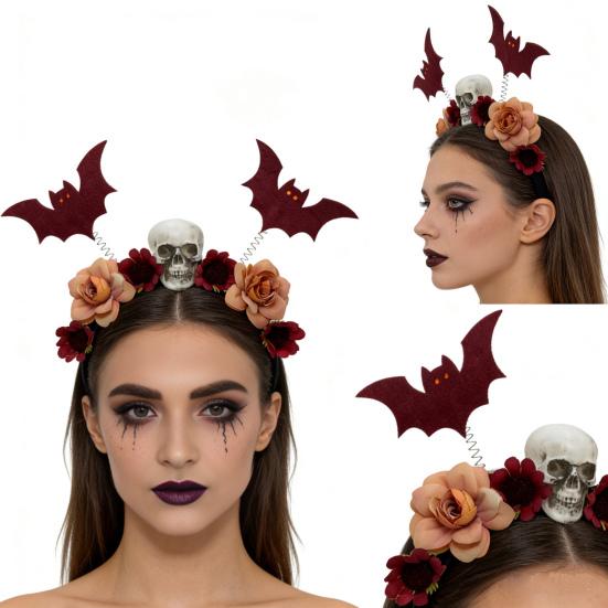 Decorative Cloth Headbands for Events Halloween Flower Skeleton Bat Headband, Gothic Floral Skull Hair Bands, Spooky Stylish Bands Accessory,
