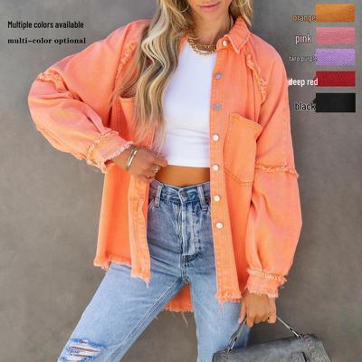 2025 Autumn Women's Long-Sleeve Washed Denim Jacket with Raw Edges