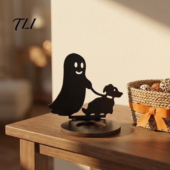 Hollow Carved Candle Accessory Halloween Shadow Holder, Spooky Ghost Skull Candlestick Decoration, Handcrafted Wood Base Vintage Wooden Tea