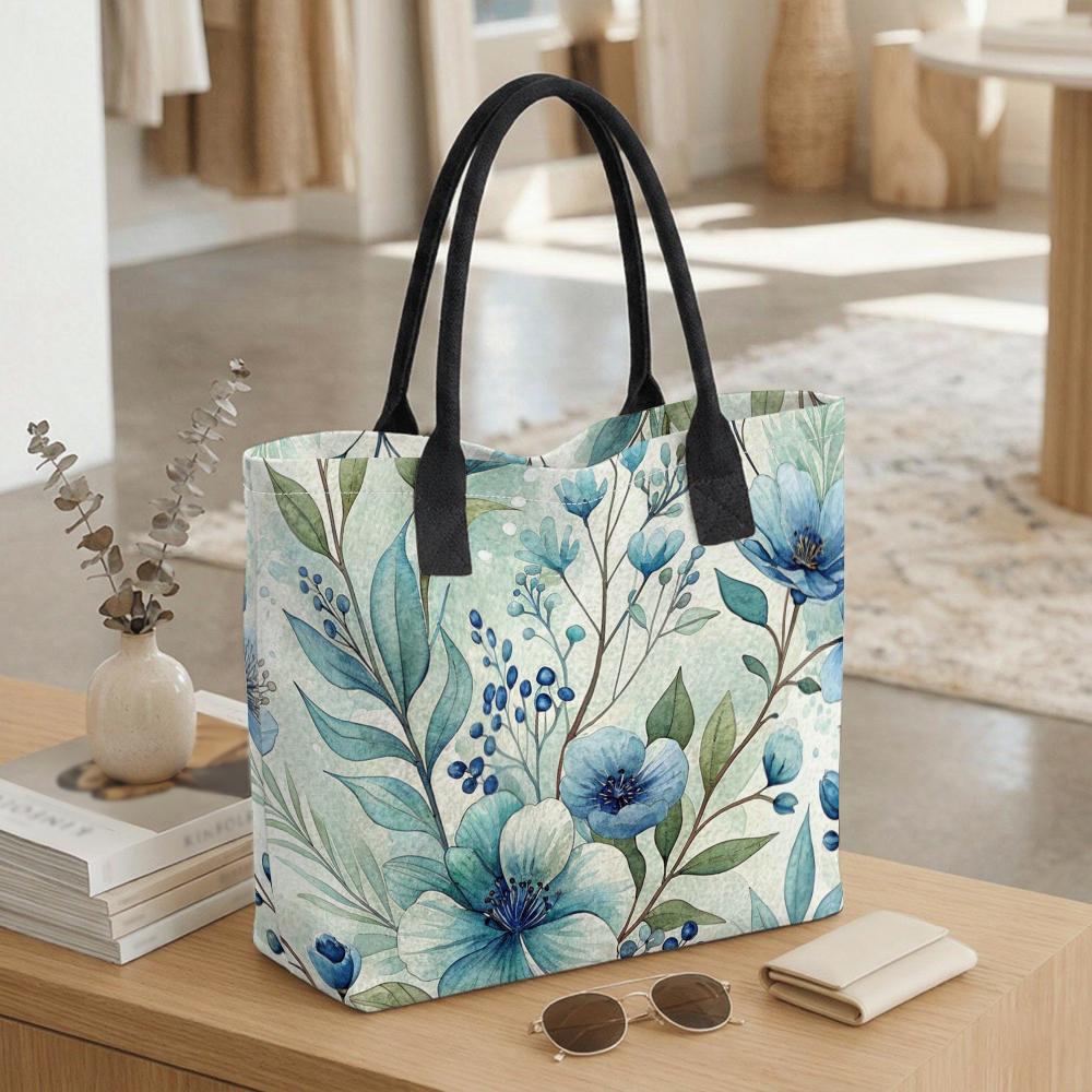 Watercolor Blue Floral Casual Canvas Tote Bag for Daily Use