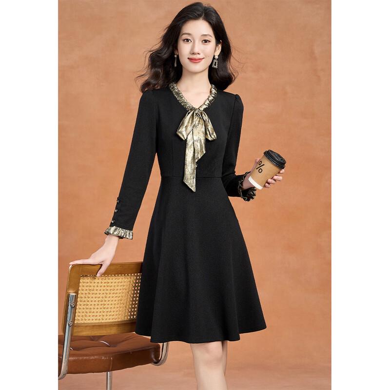 

Kebeier 2025 New Autumn Long-Sleeve Black Bow Collar A-Line Dress 2XL
