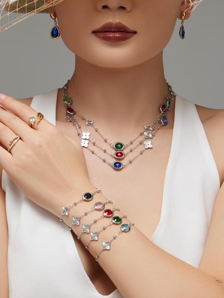18K Gold-Plated Stainless Steel Jewelry Set: Bead Chain Necklace & Earrings with Oval Bezel Faceted Glass Stone.