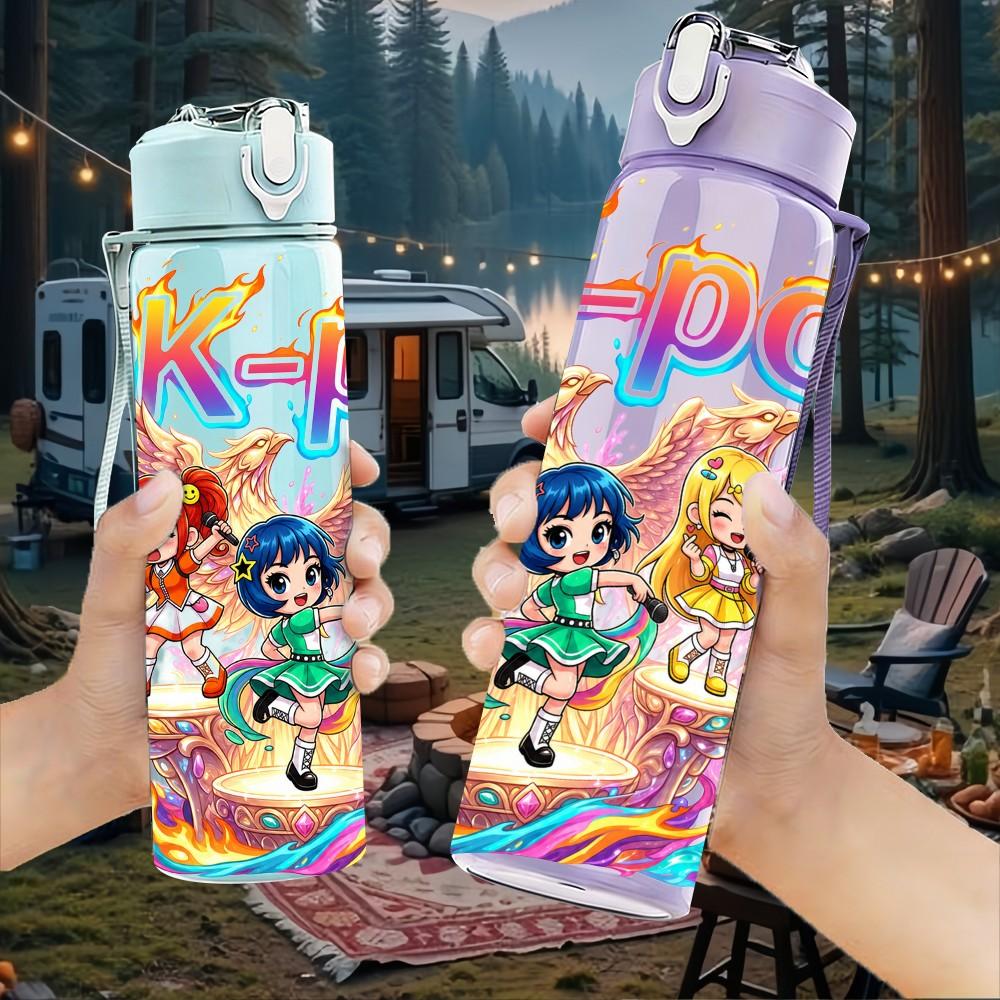 1PC Kpop Pastel Girls Cartoon Pattern 750ml Color Plastic Sports Water Bottle Leakproof Flip Straw Lid Suitable for Sports Office Home Use