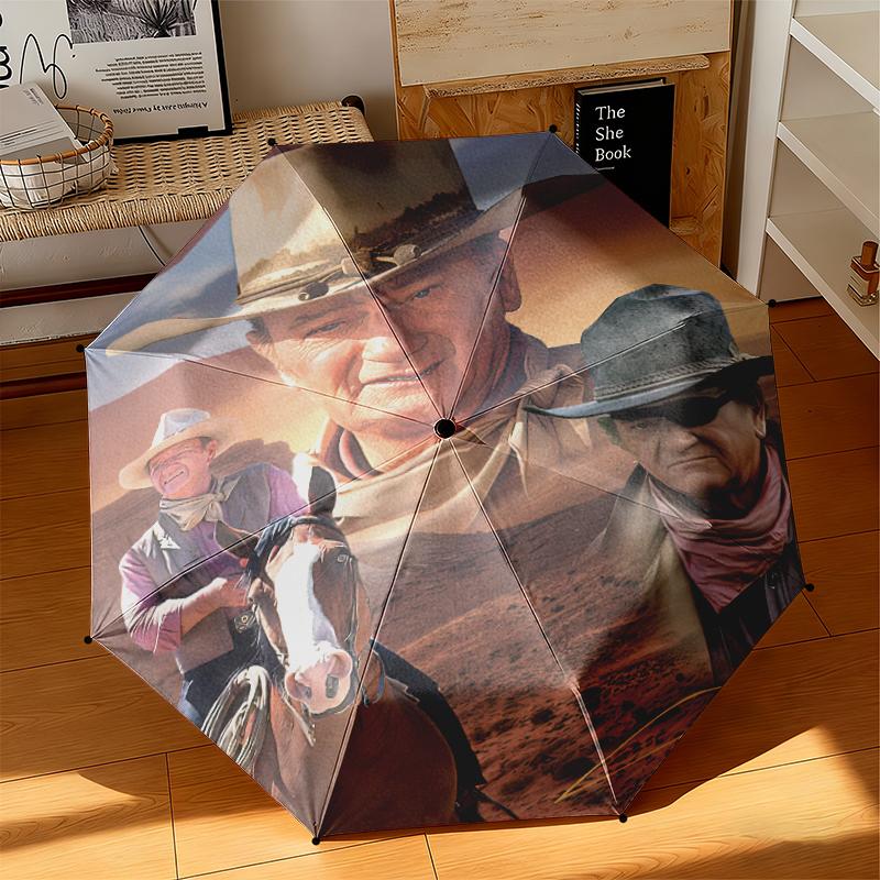 1pc John Wayne's Western Cowboy Trail Umbrella Portable Folding Umbrella Iron Frame Hole Bone Structure Outdoor Home Umbrella
