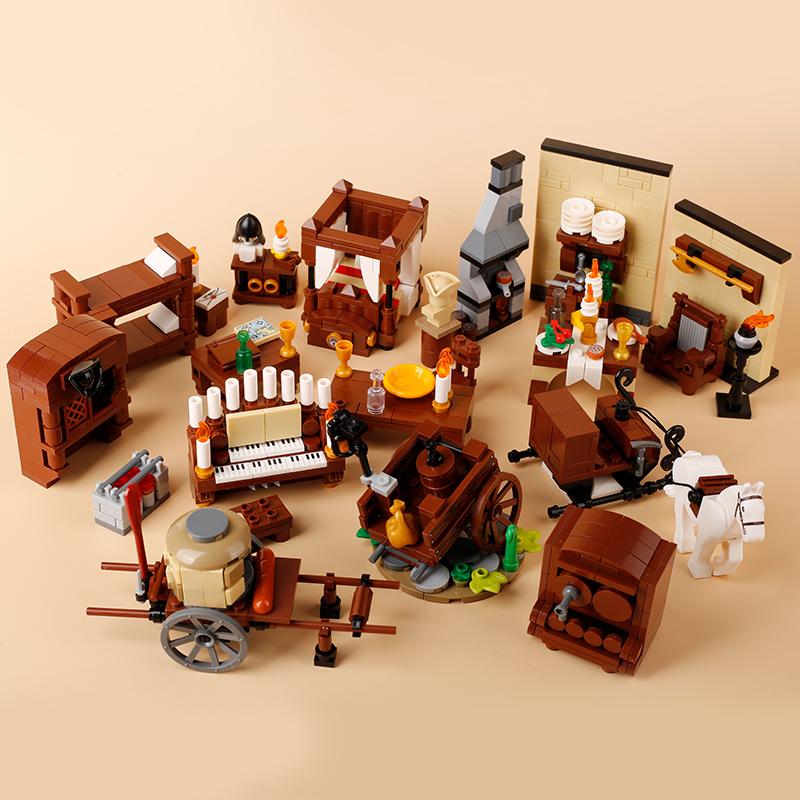 MOC Medieval Napoleonic Furniture Sheepskin Paper Cabinet Building Blocks Ink Map Compass Printed Tiles Bricks Toys Boys Gift