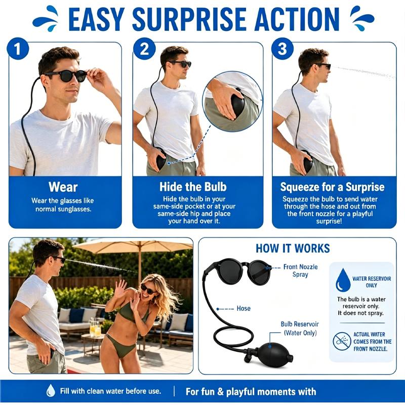 Refillable Hidden Squirt Glasses Funny Water Shooting Prank Sunglasses for Pool Beach Party Novelty Summer Gag Gift for Adults