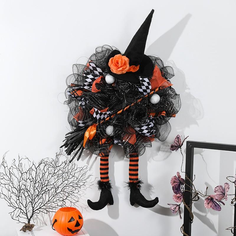 Halloween Wreath With Dried Branches Black Mesh Decorative Floral Ring Door Wall Hanging Party Decoration